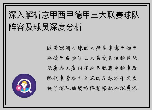 深入解析意甲西甲德甲三大联赛球队阵容及球员深度分析