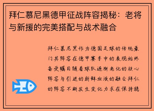 拜仁慕尼黑德甲征战阵容揭秘：老将与新援的完美搭配与战术融合